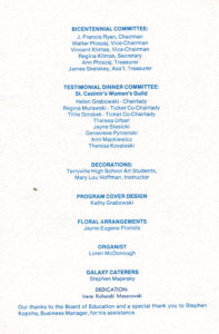 Back of the testimonial dinner program, listing the bicentennial and testimonial dinner committees, decorations, program cover design, floral arrangements, organist and caterers.