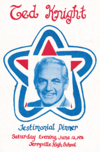 Cover of the testimonial dinner program: a red, white and blue star framing a photograph of Ted Knight, lettered "Ted Knight — Testimonial Dinner — Saturday Evening, June 12, 1976 — Terryville High School."